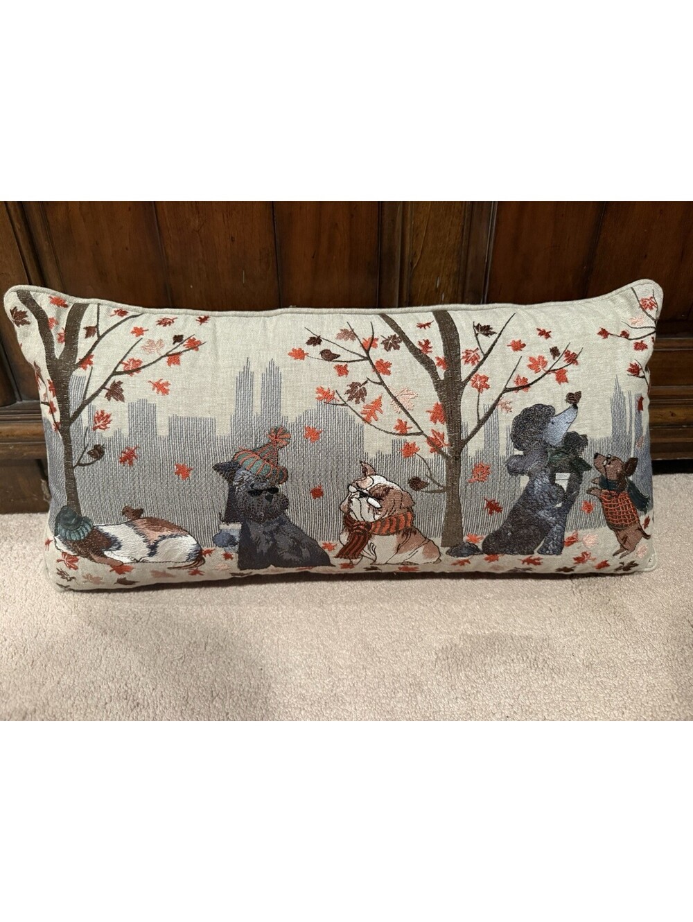 Pier 1 Throw Pillow Dogs Autumn Fall Trees Leaves Coffee Embroidered 22.5 x 10
